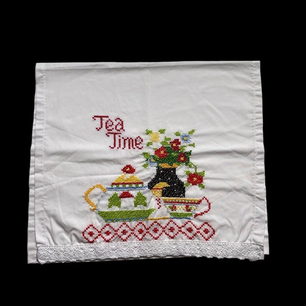 Vintage Hand Embroidered Tea Time Towel Cottagecore Floral Teapot Handcrafted